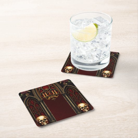 ゴシック様式のアーチスカル。 スクエアペーパーコースター (インサイチュ)