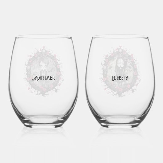 ゴシック様式のカップルスカルとバラ ステムなしワイングラス (裏面)