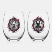ゴシック様式のカップルスカルとバラ ステムなしワイングラス (正面)