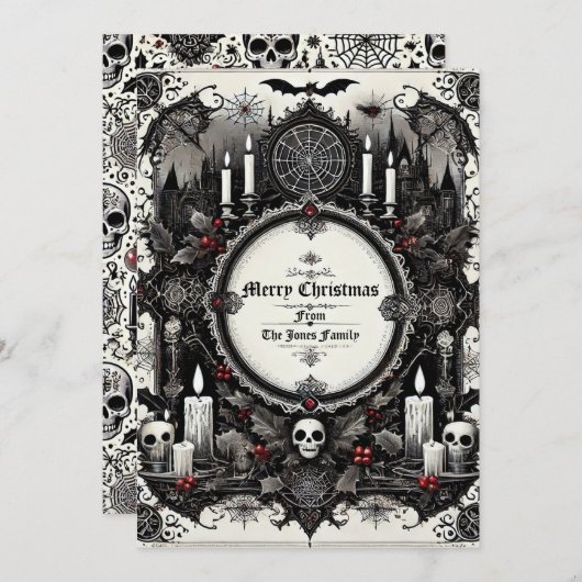 ゴシック様式のクリスマスカード – ヴィンテージダークホリデーあいさつ シーズンカード (正面/裏面)