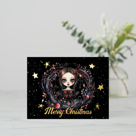 ゴシック様式のクリスマスガール 箔シーズンポストカード (立ち正面)