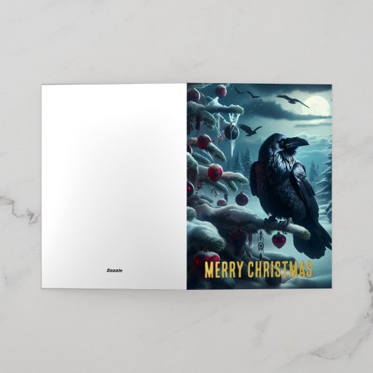 ゴシック様式のクリスマスツリーとハートとラヴェンス 箔グリーティングカード (外側レイダウン)