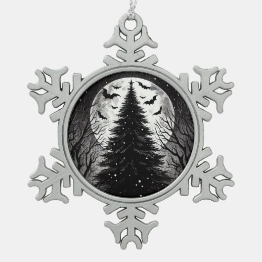ゴシック様式のクリスマスツリーと不気味こうもりホラー スノーフレークピューターオーナメント (正面)