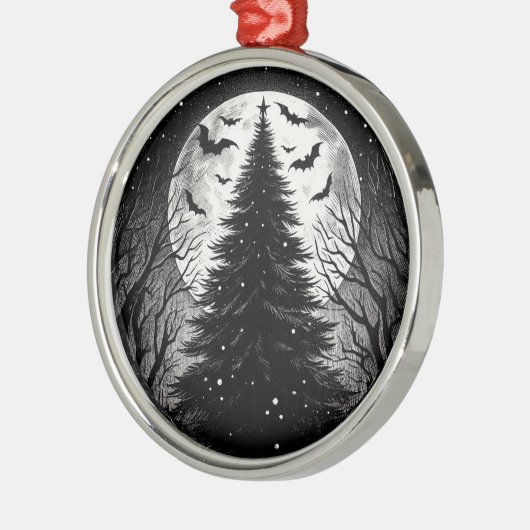 ゴシック様式のクリスマスツリーと不気味こうもりホラー メタルオーナメント (左)
