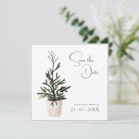 ゴシック様式のクリスマスツリー冬の結婚式 セーブザデート (スタンド正面)