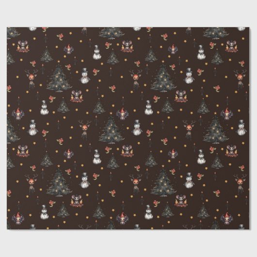 ゴシック様式のクリスマスツリー雪だるま動物 ラッピングペーパー (フラット)