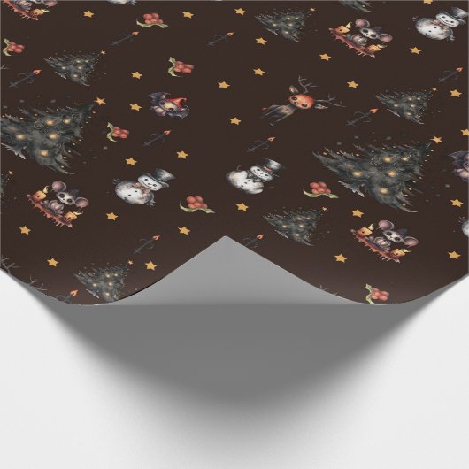 ゴシック様式のクリスマスツリー雪だるま動物 ラッピングペーパー (角)