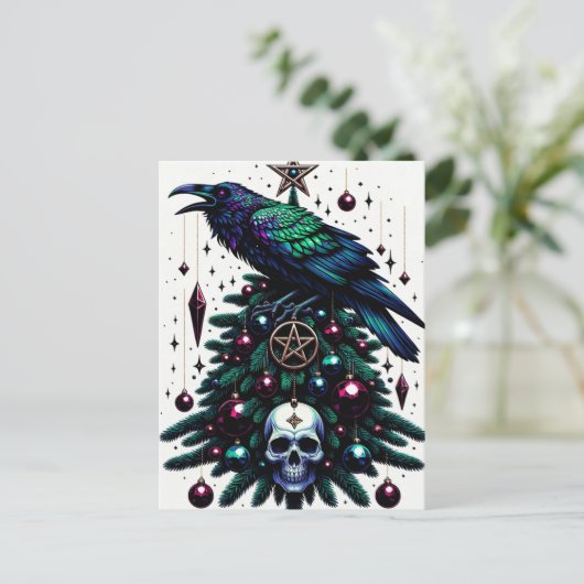 ゴシック様式のクリスマス/ユール(キリスト降誕祭)レイヴンとペンタグラムスカル ポストカード (スタンド正面)