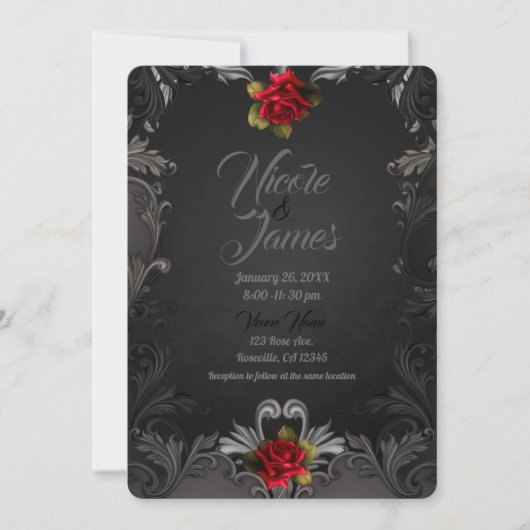 ゴシック様式のグラマー赤ローズブラック結婚装飾品 招待状 (正面)