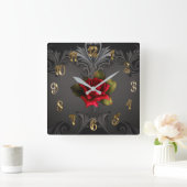 ゴシック様式のグラマー赤ローズブラック観賞用グラーム スクエア壁時計 (ホーム)