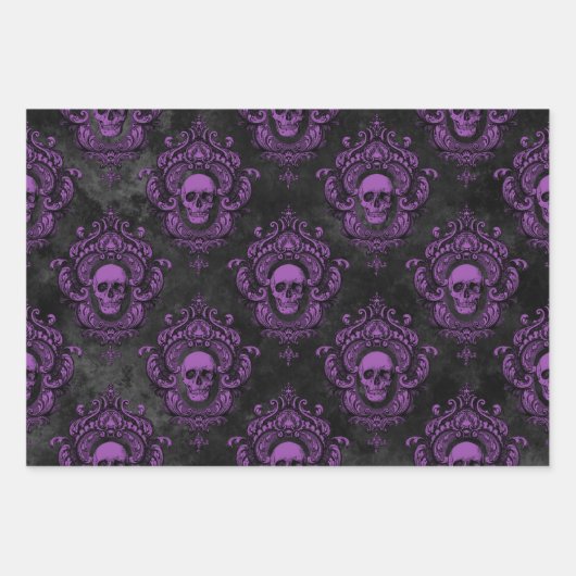 ゴシック様式のグレーと紫のスカル ラッピングペーパーシート (正面3)