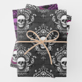 ゴシック様式のグレーと紫のスカル ラッピングペーパーシート (インサイチュ)