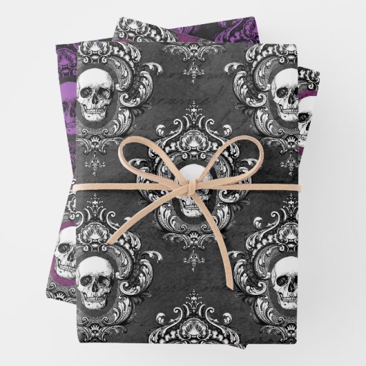 ゴシック様式のグレーと紫のスカル ラッピングペーパーシート (インサイチュ)