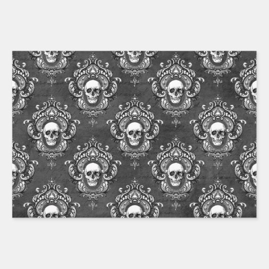 ゴシック様式のグレーと紫のスカル ラッピングペーパーシート (正面)