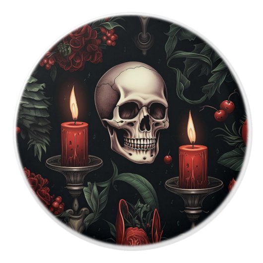 ゴシック様式のスカルとキャンドル セラミックノブ (正面)