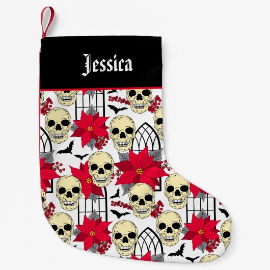 ゴシック様式のスカルとパターン（の模様が）ある花 スモールクリスマスストッキング (正面)
