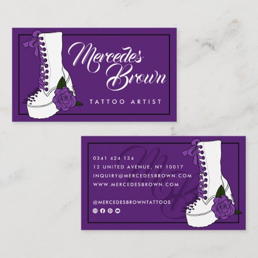 ゴシック様式のスクリプトブーツパープルタトゥーアーティスト 名刺 (正面/裏面)