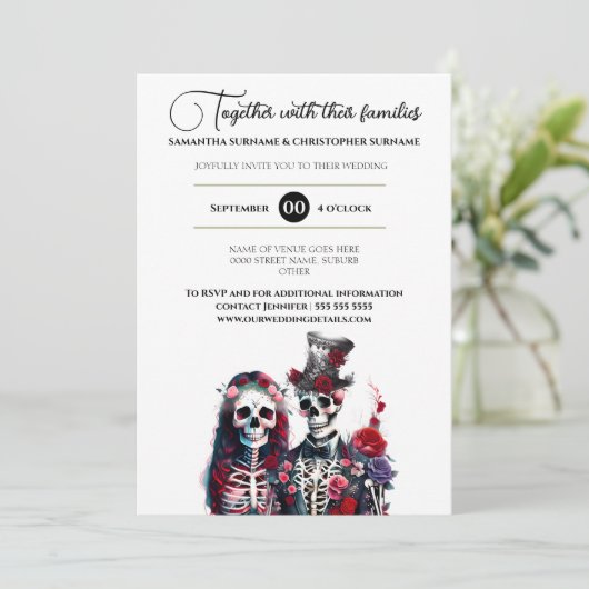 ゴシック様式のスケルトンの死んだ新郎新婦赤い白 招待状 (スタンド正面)