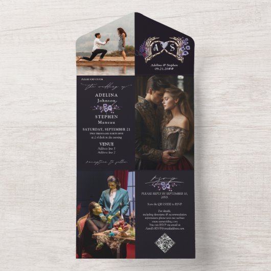 ゴシック様式のスケルトンハンズフローラダークロマ結婚ンス オールインワン招待状 (内側)