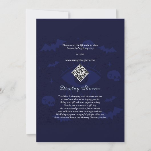 ゴシック様式のスケルトンハンドハロウィーンボーイベビーシャワー 招待状 (裏面)