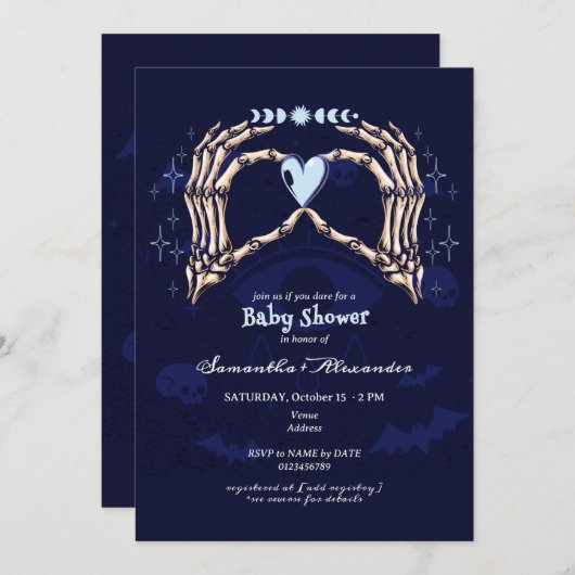 ゴシック様式のスケルトンハンドハロウィーンボーイベビーシャワー 招待状 (正面/裏面)