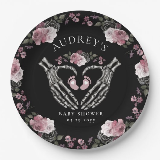 ゴシック様式のスケルトンハンドハートベビーガールシャワー ペーパープレート (正面)