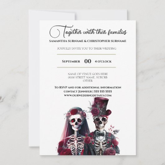 ゴシック様式のスケルトン死んだ新郎新婦ブルゴーニュ白 招待状 (正面)