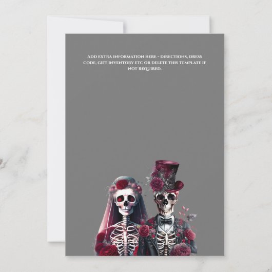 ゴシック様式のスケルトン死んだ新郎新婦ブルゴーニュ・グレー 招待状 (裏面)