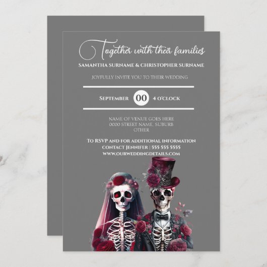 ゴシック様式のスケルトン死んだ新郎新婦ブルゴーニュ・グレー 招待状 (正面/裏面)