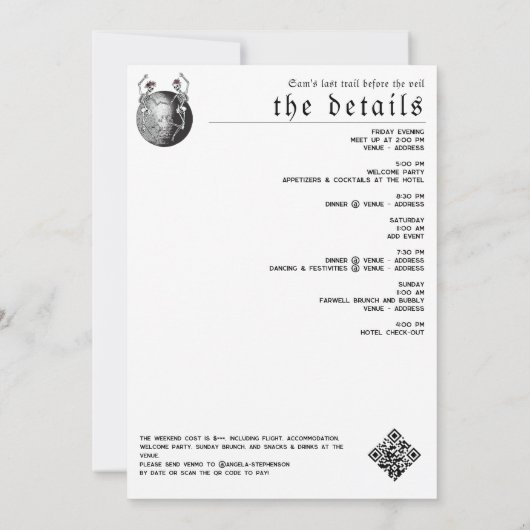 ゴシック様式のスケルトン満月の最後のトレイルバチェロレッテ 招待状 (裏面)