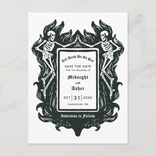 ゴシック様式のスケルトンTil Death Do Us Part Save the Date 案内ポストカード (正面)