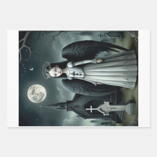 ゴシック様式のダークエンジェル、月明かりの下の墓地 ラッピングペーパーシート (正面3)