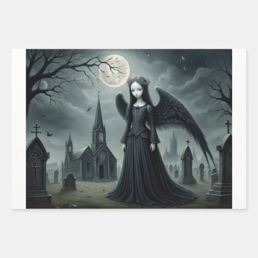 ゴシック様式のダークエンジェル、月明かりの下の墓地 ラッピングペーパーシート (正面2)
