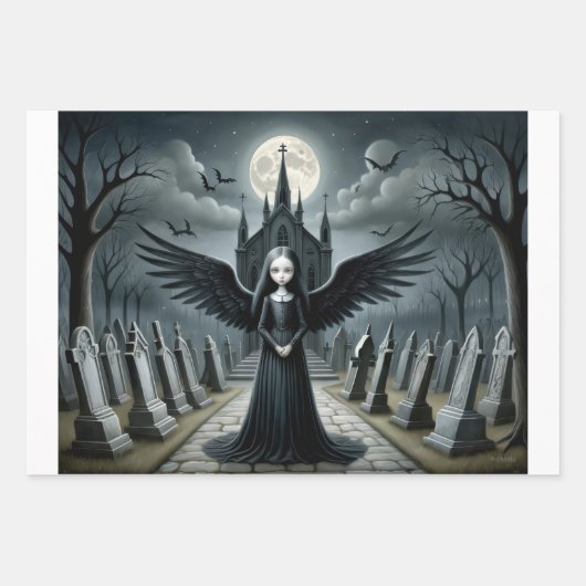 ゴシック様式のダークエンジェル、月明かりの下の墓地 ラッピングペーパーシート (正面)