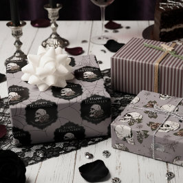 ゴシック様式のトープ灰色のスカルとストライプハロウィーン ラッピングペーパーシート