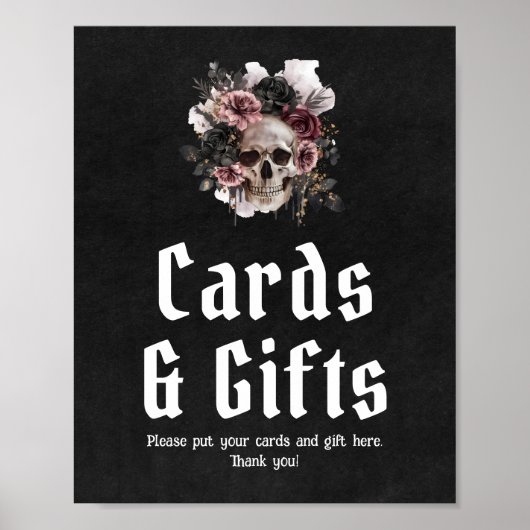 ゴシック様式のハロウィーンフローラスカルカードとギフトサイン ポスター (正面)
