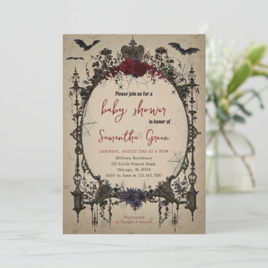 ゴシック様式のハロウィーンベイビーシャワー 招待状 (スタンド正面)