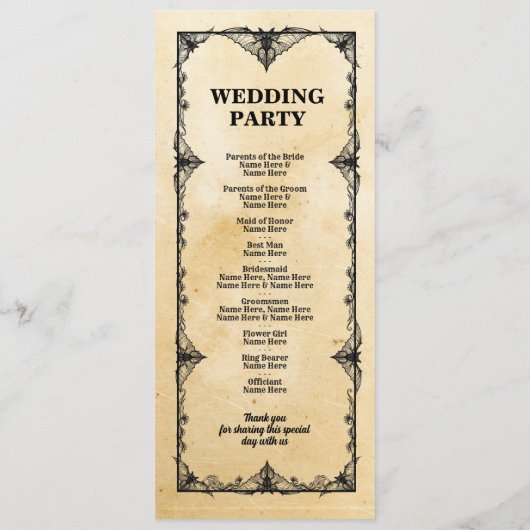 ゴシック様式のハロウィーン歓迎メ結婚ニューの式典 プログラム (裏面)