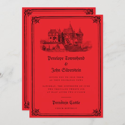 ゴシック様式のバンピ縁どアル城の結婚レッド 招待状 (正面/裏面)