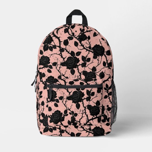 ゴシック様式のピンクと黒の墓地バラ プリントバックパック (正面)