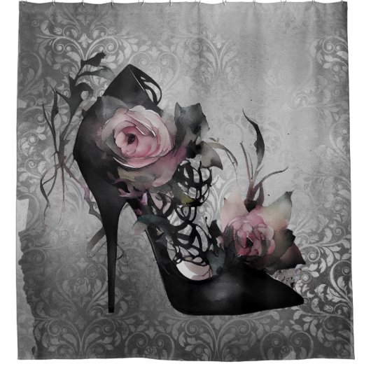 ゴシック様式のファッションスティレットのヒールとモーヴピンクのバラ シャワーカーテン (正面)