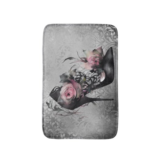 ゴシック様式のファッションスティレットのヒールとモーヴピンクのバラ バスマット (正面縦)