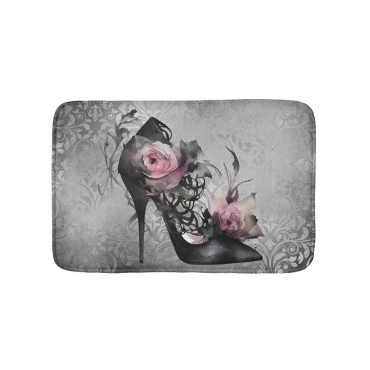 ゴシック様式のファッションスティレットのヒールとモーヴピンクのバラ バスマット (正面)