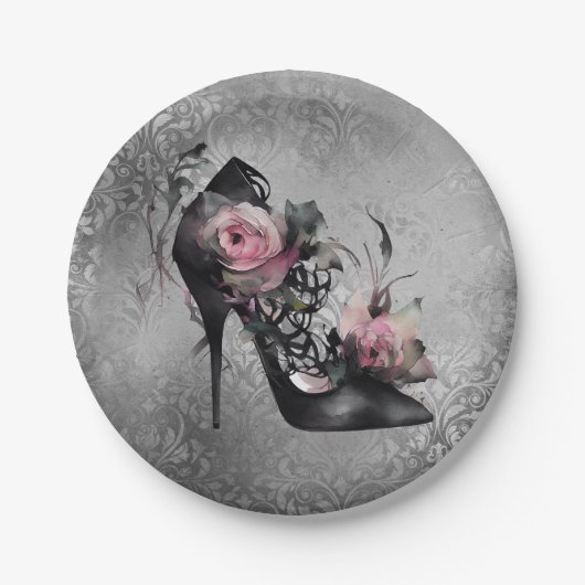ゴシック様式のファッションスティレットのヒールとモーヴピンクのバラ ペーパープレート (正面)