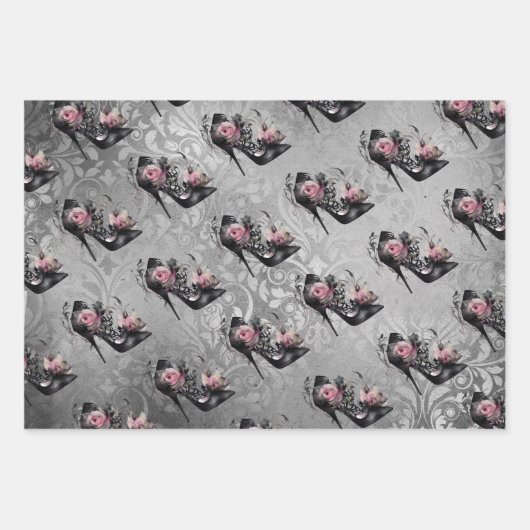 ゴシック様式のファッションスティレットのヒールとモーヴピンクのバラ ラッピングペーパーシート (正面3)
