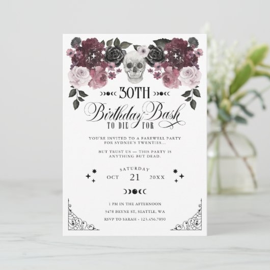 ゴシック様式のフローラスカルで30歳の誕生日を迎える 招待状 (スタンド正面)