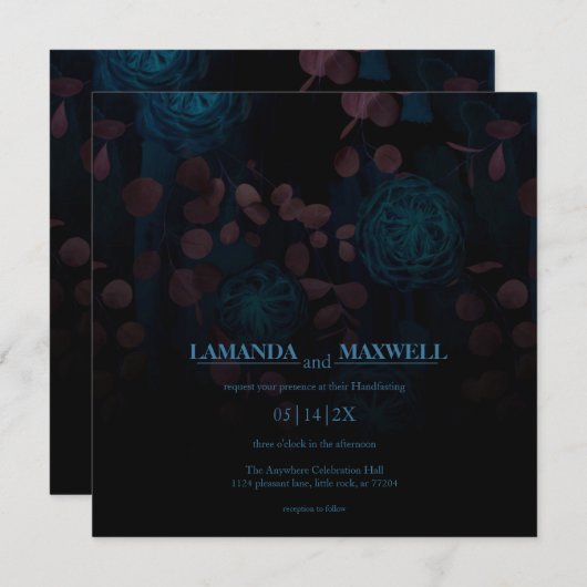 ゴシック様式のフローラ濃い青の花の手作りInvita 招待状 (正面/裏面)