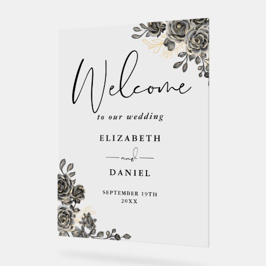 ゴシック様式のブラックと金ゴールド結婚フローラの歓迎 アクリルサイン (傾斜)