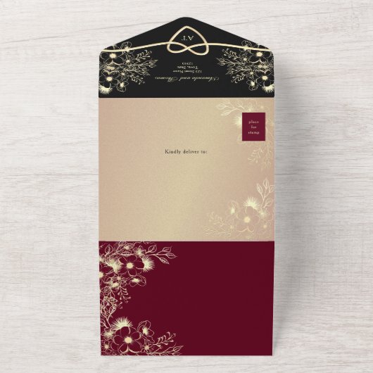 ゴシック様式のブルゴーニュとブラック結婚ズ オールインワン招待状 (外側)