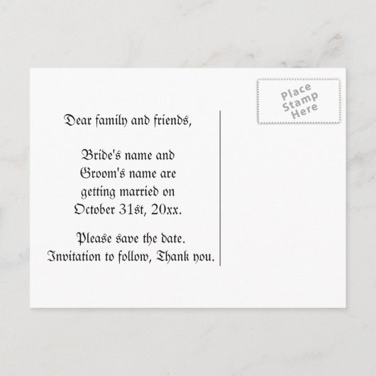 ゴシック様式のホラースカル |日付を保存結婚する 案内ポストカード (裏面)